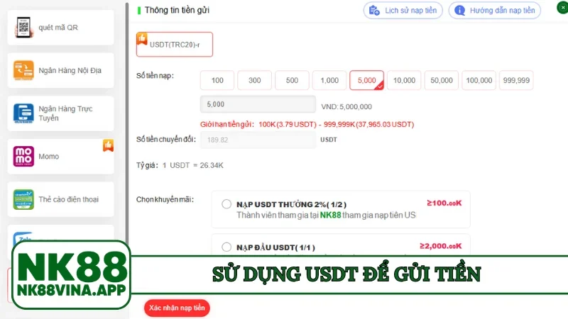 Sử dụng USDT để gửi tiền
